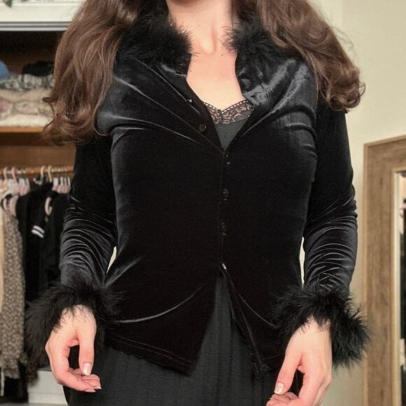 Vintage BB Apparel Velvet Feather Trimmed Cardigan Black Top 90s Glam Rocker - Picture 1 of 8
